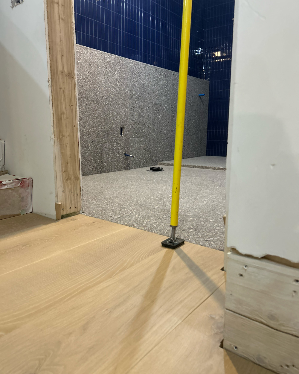 Light wide-plank hardwood precisely transitioned into a tiled bathroom