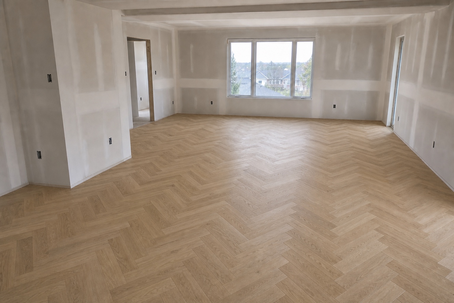 Illustrative room after natural oak herringbone hardwood flooring installation