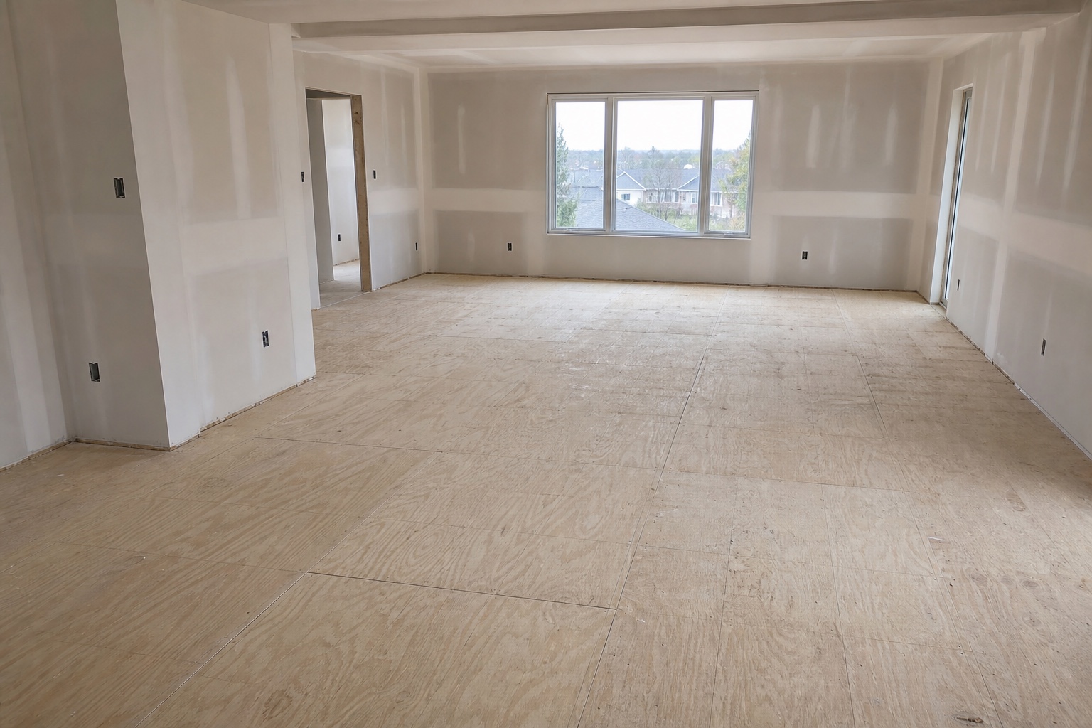 Illustrative room before hardwood installation with plywood subfloor